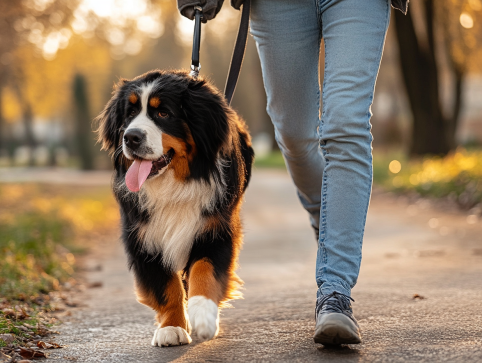 Berner sennen på promenad med sin ägare.